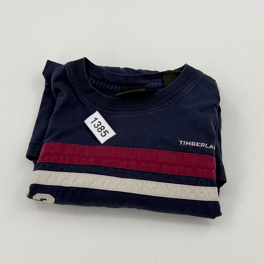 Timberland Early 2000's Men's Long Sleeve T Shirt Large Navy Blue 73 Stripe Logo - Picture 7 of 7